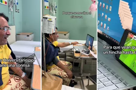 Hincha crema alienta a la 'U' desde un hospital.