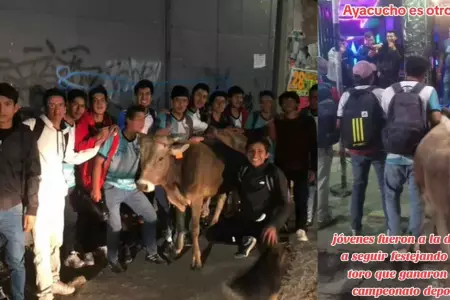 Jvenes celebran su triunfo en una discoteca junto a su toro.