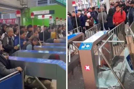 Pasajeros rompen vidrios y barandas en Metro de Lima.