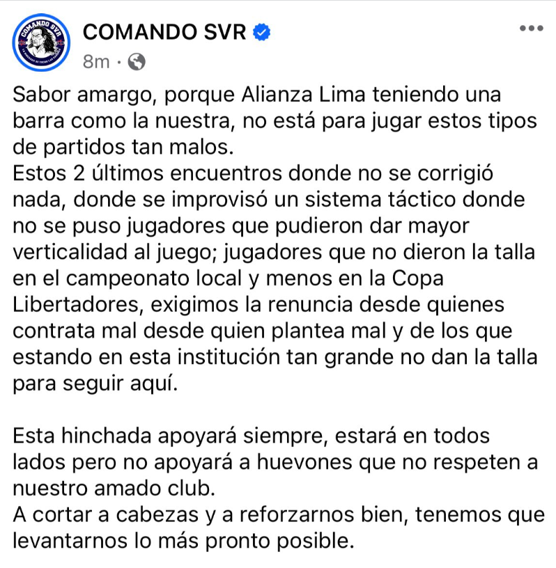 Comando Sur enva mensaje contundente contra Alianza Lima.