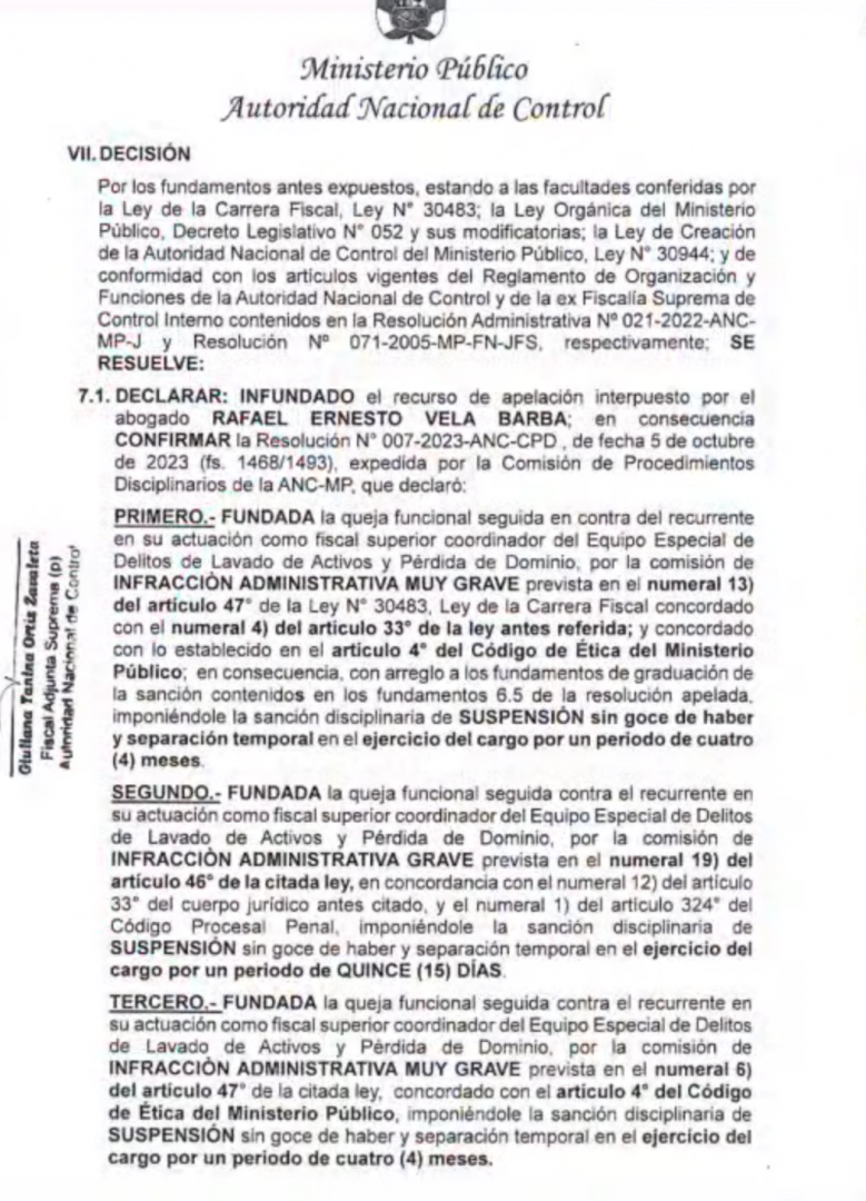Resolución que confirma suspensión de Rafael Vela.