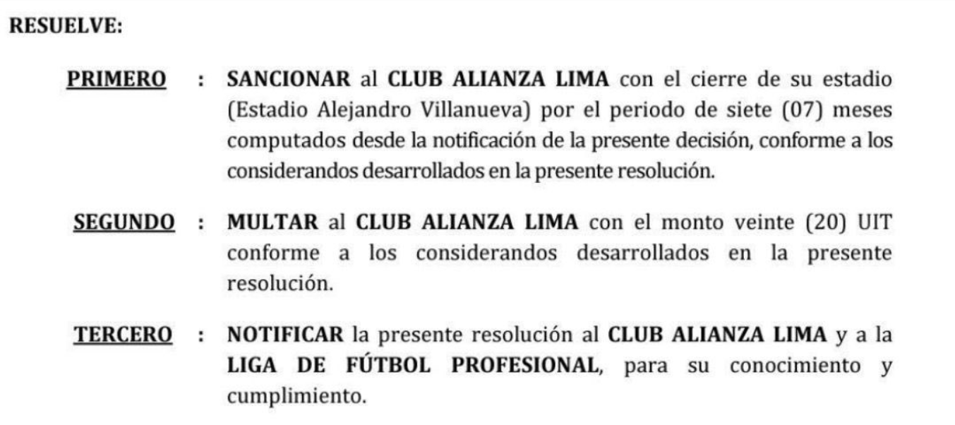 Comisin Disciplinaria sancion a Alianza Lima con cierre de Matute.