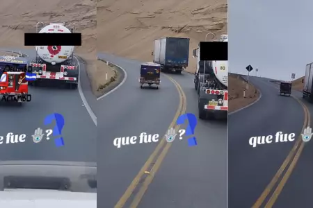 Mototaxi sorprende al arriesgarse a pasar a dos camiones en Pasamayo.