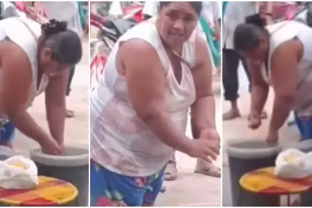 Vendedora de chicha usando su bebida para lavarse las manos