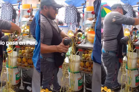 Comerciante hace funcionar su peladora de naranjas con un taladro.