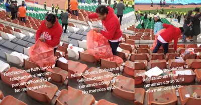 Hincha recoge basura en estadio despus del partido Per vs. Bolivia.