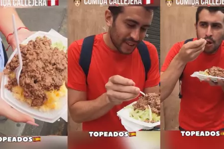 Español queda asombrado al probar comida callejera del Perú.