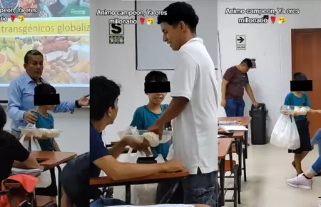 Niño vende canchita a estudiantes de la carrera de negocios.