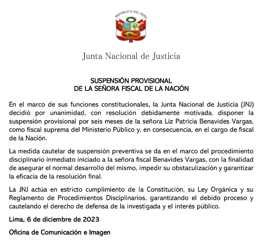 JNJ suspende a Patricia Benavides como fiscal de la Nación.