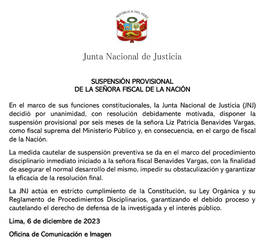 JNJ suspende a Patricia Benavides como fiscal de la Nacin.