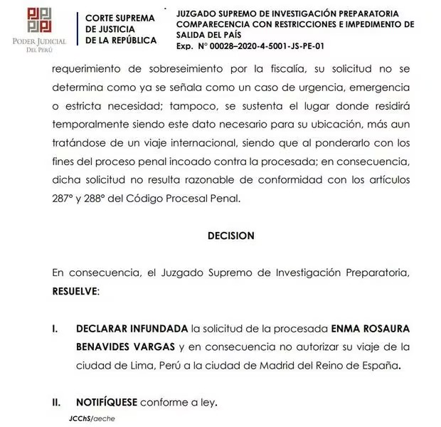 Poder Judicial rechaza pedido de Enma Benavides.