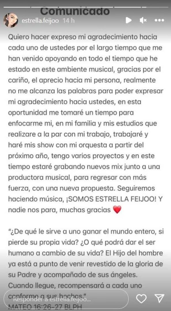 Comunicado de Estrella Feijo.