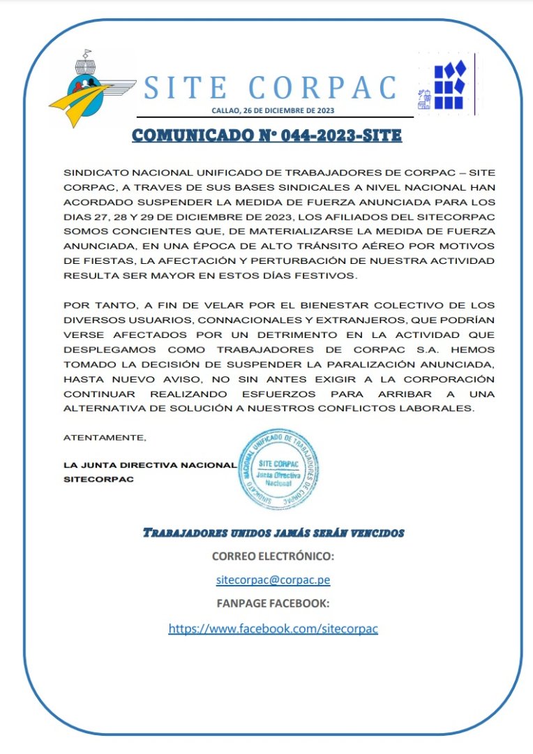 Comunicado del Sindicato de Corpac.