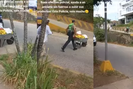 Policía ayuda a adulto mayor a subir su carretilla de plátanos.