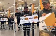 Joven sorprende al recoger a sus amigas en el aeropuerto con cartel de pgina para adultos: "Les sabe cosas"