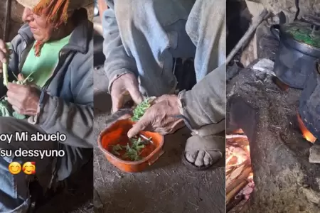 Abuelito cocina sopa de col como desayuno.