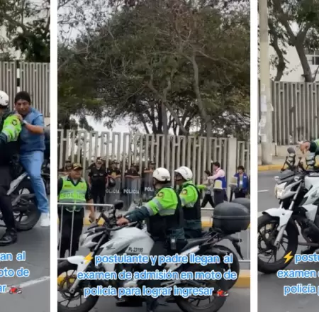 Polica ayuda a postulante a llegar a su examen de San Marcos.
