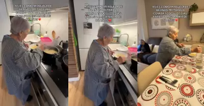 Abuelita de 84 aos prepara comida a su amiga de 96 aos.