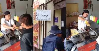 Emprendedor peruano vende salchipapas y hamburguesa a un sol.