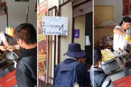 Emprendedor peruano vende salchipapas y hamburguesa a un sol.