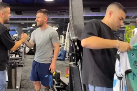 Lionel Messi con un fan en el gym.