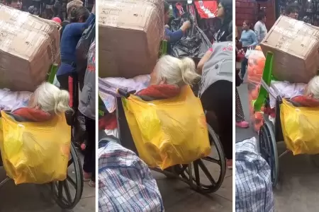 Abuelita en silla de ruedas es usada como carga.