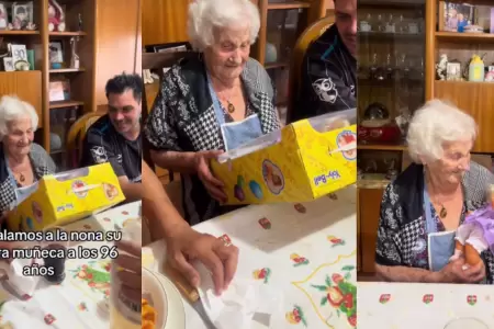 Abuelita de 96 aos recibe su primera mueca de regalo.