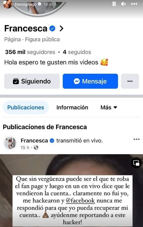 Francesca Zignago denuncia en Instagram que hackearon su Facebook.