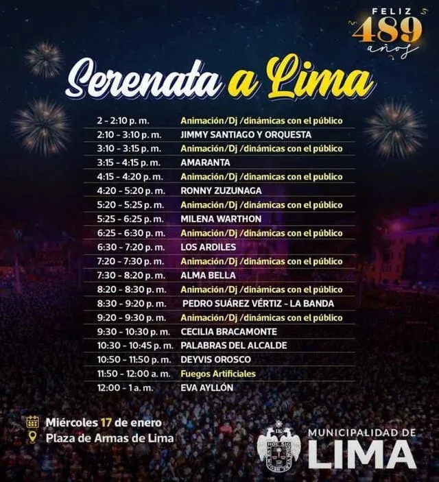 Cronograma de artistas que se presentarán el 17 de enero por Aniversario de Lima.