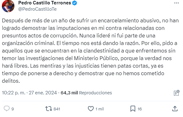 Mensaje de Pedro Castillo antes de que su sobrino se entregue a la justicia