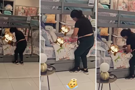 Mujer cambia paal de su beb en cama del Mall.