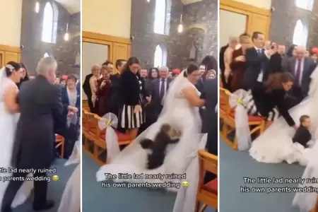 Niño salta sobre el vestido de la novia en plena boda.