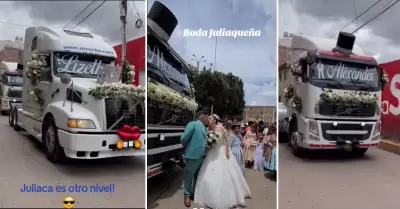 Novios sorprenden al llegar a su boda con camiones.