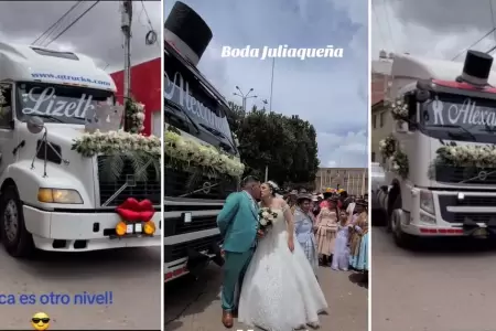 Novios sorprenden al llegar a su boda con camiones.