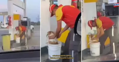 Trabajador de gasolinera ayuda a perrito en Argentina.