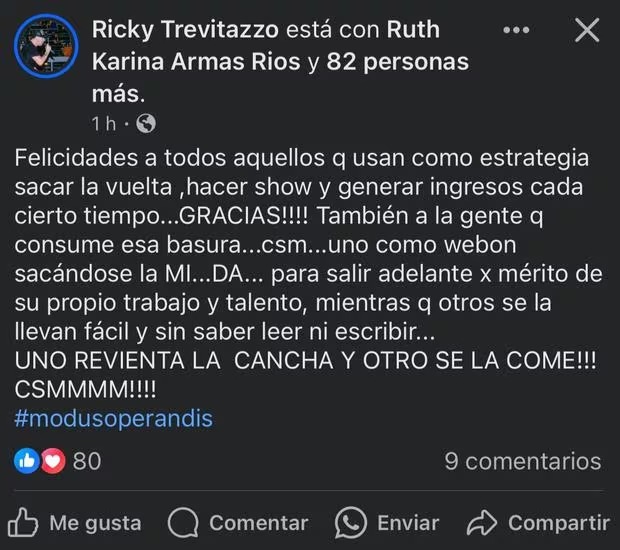 Comunicado de Ricky Trevitazzo sobre los infieles en sus redes sociales.