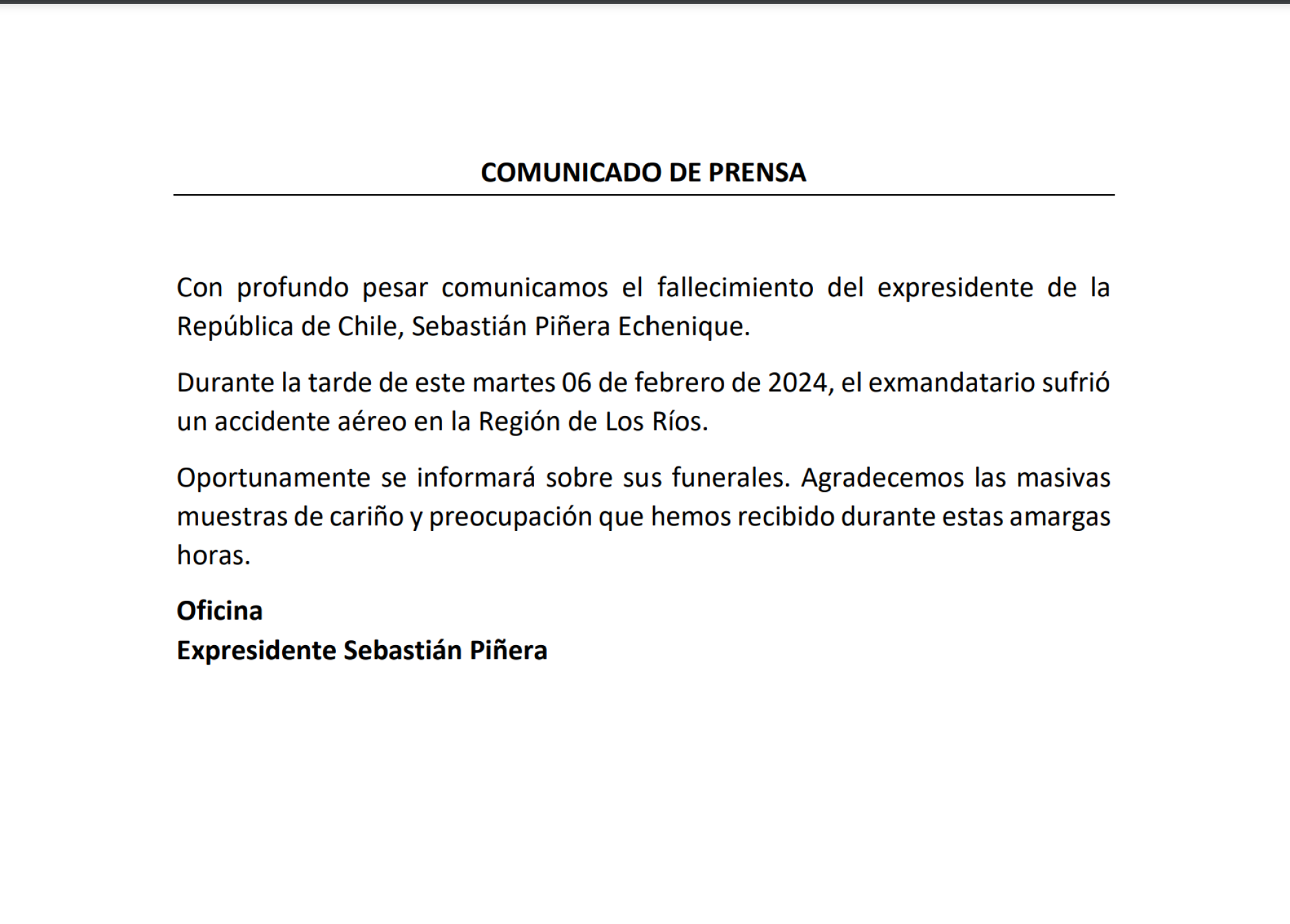 Oficina de Sebastin Piera anuncia su fallecimiento