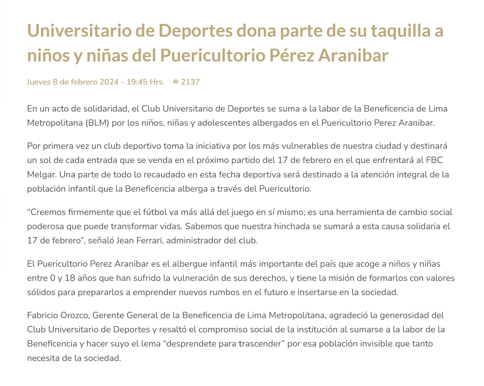 Universitario comunica la donacin al Puericultorio Prez Aranibar