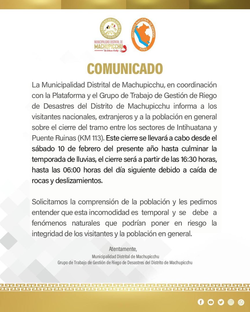 Comunicado de la Municipalidad Distrital de Machu Picchu.