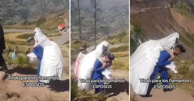 Esposo carga a su pareja sobre su espalda en Bolivia.