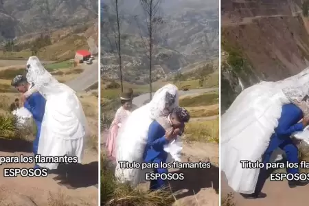 Esposo carga a su pareja sobre su espalda en Bolivia.