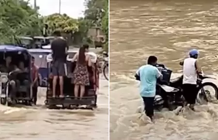 Pobladores arriesgan su vida cruzando río en mototaxi.