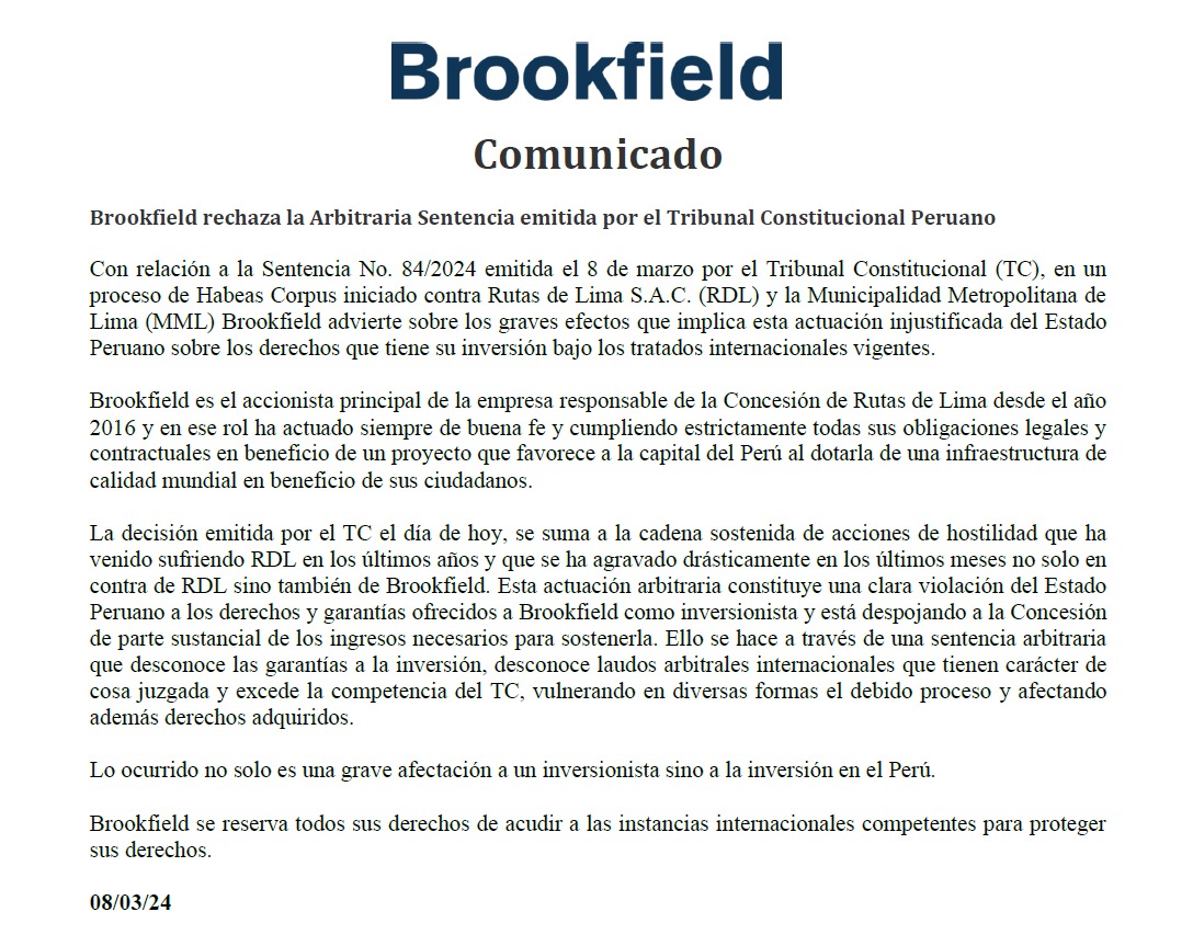 Comunicado de Brookfield.