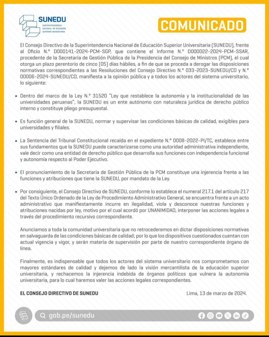 Sunedu dice que pedido de PCM constituye una injerencia e incurre en una ilegalidad