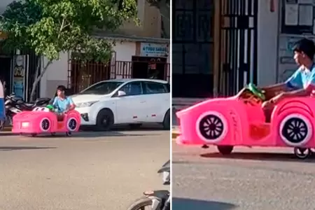 Joven conduce carro de juguete en Talara.