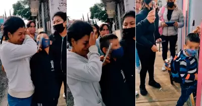 Madre rompe en llanto por ver a su hijo en escuela.
