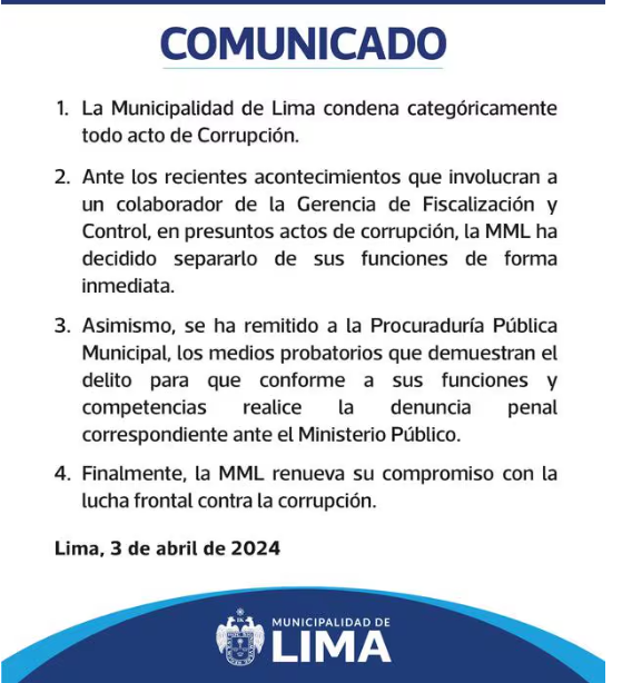 MML revela que separaron al funcionario de su cargo por acto de corrupción.