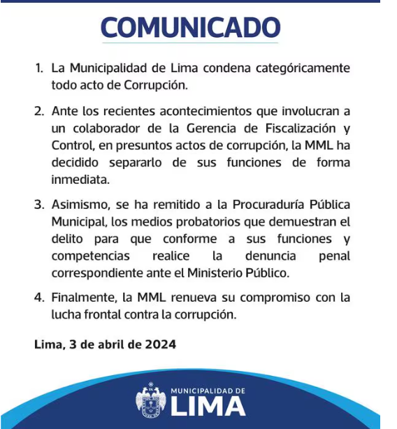 MML revela que separaron al funcionario de su cargo por acto de corrupcin.