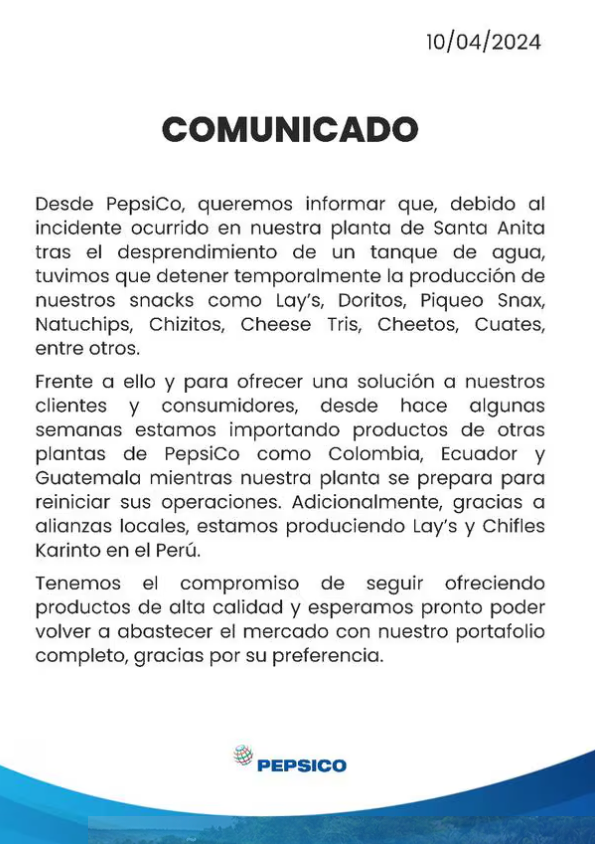 Comunicado de Pepsico por desabastecimiento de sus productos en Perú.