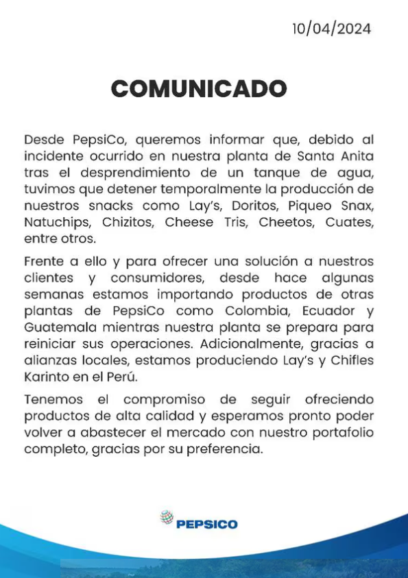 Comunicado de Pepsico por desabastecimiento de sus productos en Per.